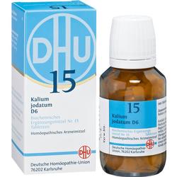 Eine Flasche und Schachtel mit homöopathischem Mittel namens Kalium jodatum D6.