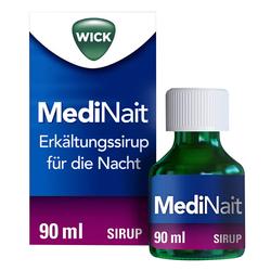 Eine grüne Flasche Erkältungssirup für die Nacht, mit einer blauen Verpackung.