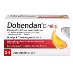 Eine Packung Dobendan Lutschtabletten für Halsschmerzen mit Honig-Zitronen-Geschmack.