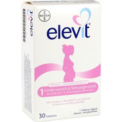 Weiße Verpackung mit Silhouette einer schwangeren Frau und dem Text "elevit".