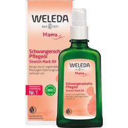 Grünes Weleda-Pflegeöl gegen Dehnungsstreifen in einer Flasche mit passender Verpackung.